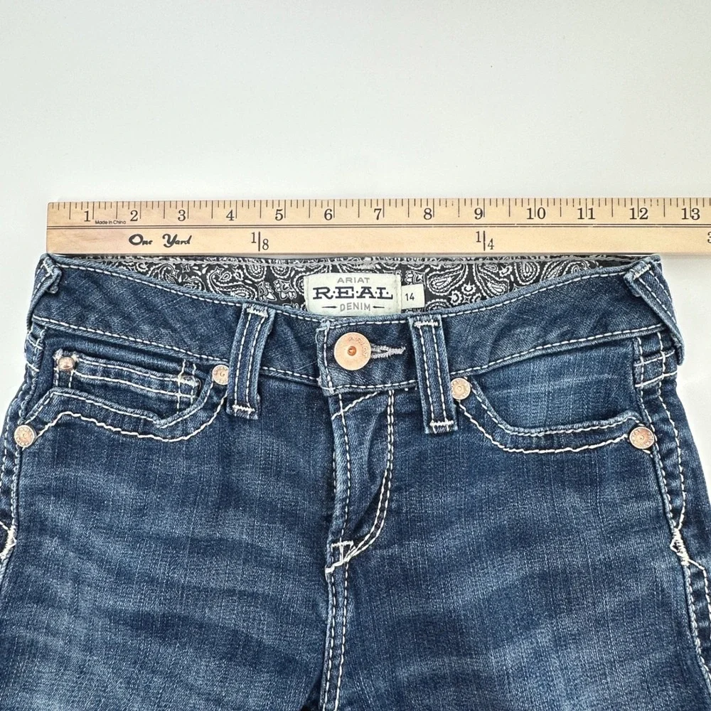 Ariat REAL Bootcut Jeans Kids Size 14 Blue Dark Wash Contrast Stitching - Picture 12 of 16